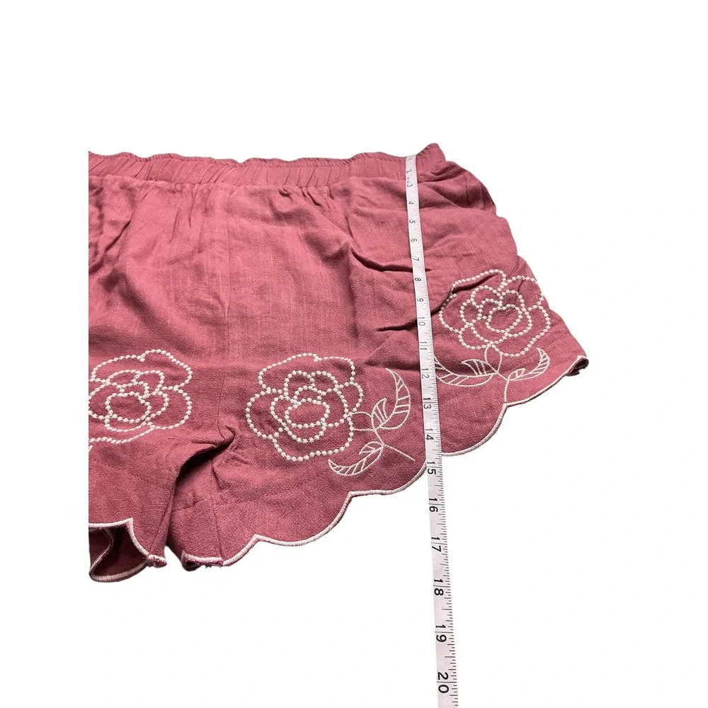 Dusty Rose Floral Embroidered Scalloped Hem Linen Blend Shorts Womens XL - Picture 6 of 15